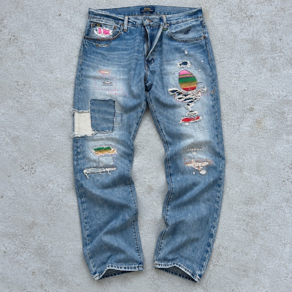 Polo Ralph Lauren Distressed Patchwork Jeans 32x30 Blue Y2K Repaired Multicolor